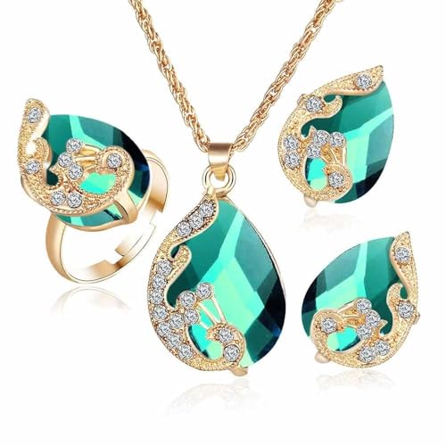 FDEETY 3 Stück Pfau Kristall Schmuckset Tropfen Anhänger Halskette Ohrstecker Ring Juwelenkollektion von FDEETY