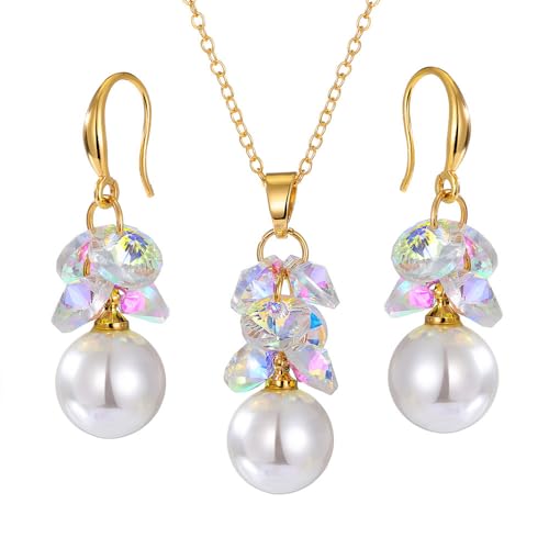 FDEETY Blumen Perlen Schmuckset Halskette Ohrringe Elegante Damen Schmuck Kristall Anhänger Hochwertige Kette Luxuriöse Accessoires von FDEETY