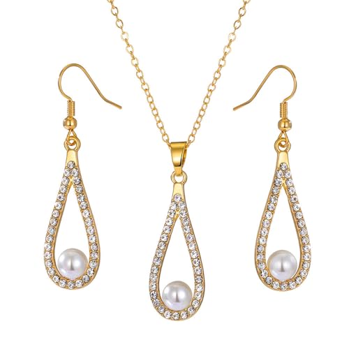 FDEETY Schmuckset Damen Perle Anhänger Halskette Ohrringe Set Mode Perlenschmuck Hochzeitsschmuck Geschenk für Braut Brautjungfern (Gold-2) von FDEETY