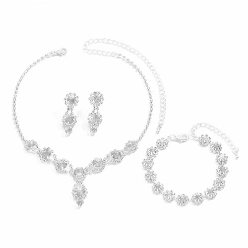 FDEETY Schmuckset Blumen Kristall Halskette Armband Ohrringe Schmuck Damen Hochzeit Brautschmuck Elegant Luxus Glänzend von FDEETY