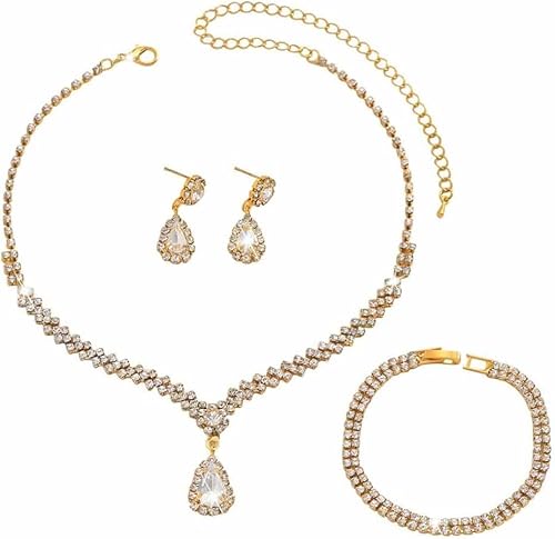 FDEETY Schmuckset Strass Halskette Armband Ohrringe Sets Prom Kostüm Schmuck Set Braut Hochzeit Party für Frauen und Mädchen(Gold) von FDEETY