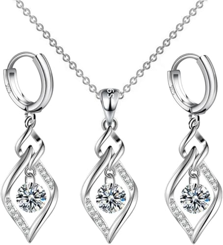 FDEETY Spiralförmiges Kristall Schmuckset Halskette Ohrringe Damenset Silber Kette Anhänger Creolen Zirkonia Schmuck von FDEETY