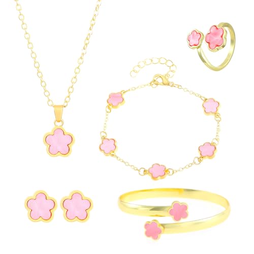 FDEETY Schmuckset Verstellbar Legierung Blumenschmuck mit Ohrringe Halskette Armband Ring Anhänger Party Schmuck Set für Frauen und Mädchen(Rosa farbe) von FDEETY