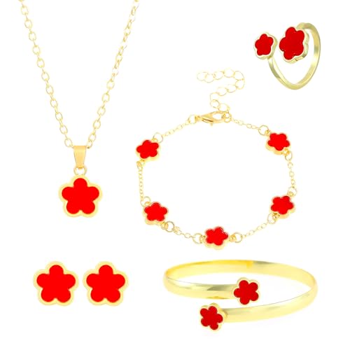 FDEETY Schmuckset Verstellbar Legierung Blumenschmuck mit Ohrringe Halskette Armband Ring Anhänger Party Schmuck Set für Frauen und Mädchen(Rosig) von FDEETY