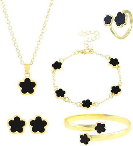 FDEETY Schmuckset Verstellbar Legierung Blumenschmuck mit Ohrringe Halskette Armband Ring Anhänger Party Schmuck Set für Frauen und Mädchen(Schwarz) von FDEETY