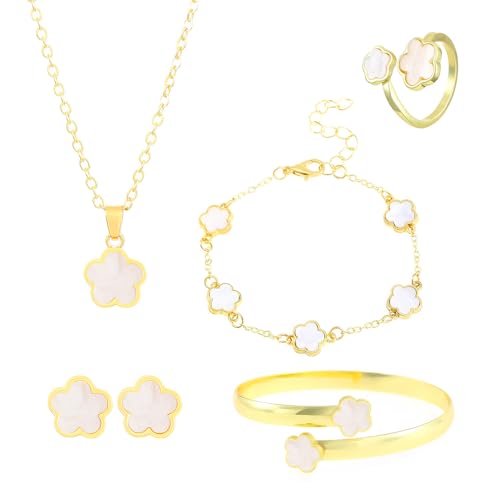 FDEETY Schmuckset Verstellbar Legierung Blumenschmuck mit Ohrringe Halskette Armband Ring Anhänger Party Schmuck Set für Frauen und Mädchen(WeiB) von FDEETY