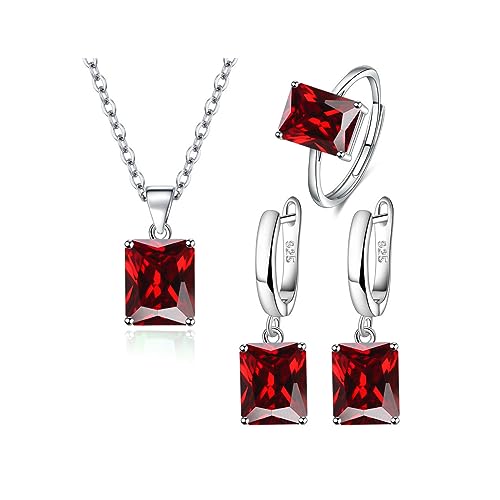 FDEETY Schmuckset für Damen Braut Strass Halskette Ring Ohrringe Set Abschlussball Hochzeit Schmuckset Party Schmuckset Hochzeit Brautjungfer Schmuck (Rot) von FDEETY