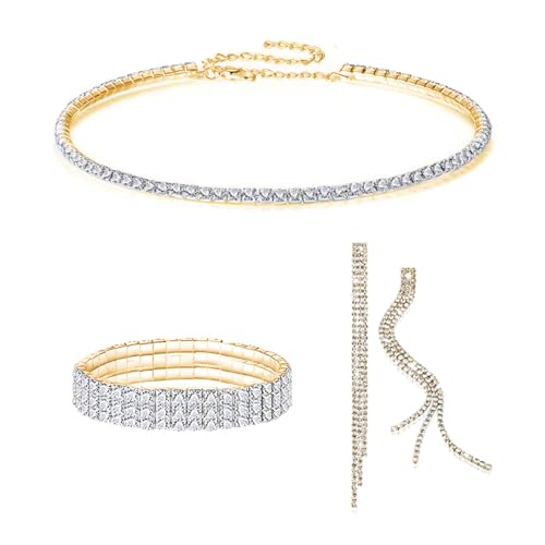 FDEETY Schmuckset für Damen Braut Strass Kristall Halskette Armband Anhänger Ohrrings Set Prom Kostüm Schmuck Set Braut Hochzeit Party (Gold) von FDEETY