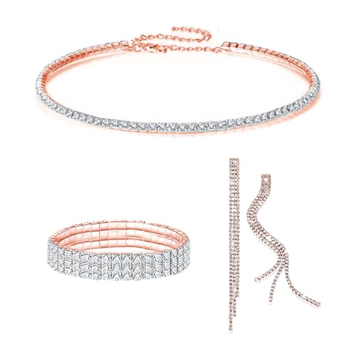 FDEETY Schmuckset für Damen Braut Strass Kristall Halskette Armband Anhänger Ohrrings Set Prom Kostüm Schmuck Set Braut Hochzeit Party (Roségold) von FDEETY