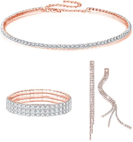 FDEETY Schmuckset für Damen Braut Strass Kristall Halskette Armband Anhänger Ohrrings Set Prom Kostüm Schmuck Set Braut Hochzeit Party (Roségold) von FDEETY