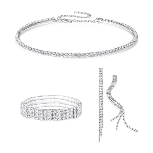 FDEETY Schmuckset für Damen Braut Strass Kristall Halskette Armband Anhänger Ohrrings Set Prom Kostüm Schmuck Set Braut Hochzeit Party (Silber) von FDEETY