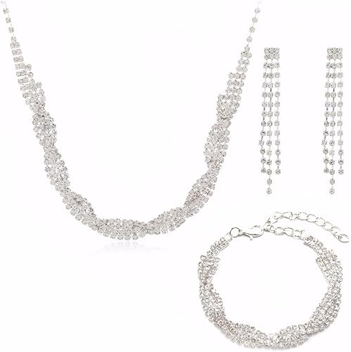 FDEETY Damen Brautschmuck Wellenform Strass Halskette Armband Ohrringe Set Elegant Glänzend Hochzeit Braut Schmuck Damen Accessoires von FDEETY