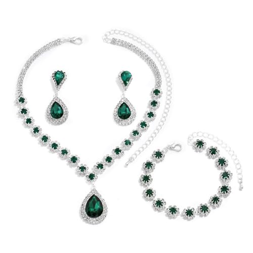 FDEETY Schmuckset für Damen Modische Elegante Schmuck Braut Tropfen Halskette Armbänder Strass Ohrringe Set Anhänger Schmuck Set Geschenke Schmuck(Grün) von FDEETY
