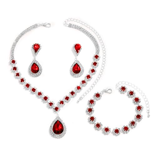 FDEETY Schmuckset für Damen Modische Elegante Schmuck Braut Tropfen Halskette Armbänder Strass Ohrringe Set Anhänger Schmuck Set Geschenke Schmuck(Rot) von FDEETY