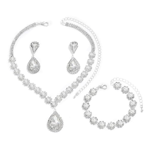 FDEETY Schmuckset für Damen Modische Elegante Schmuck Braut Tropfen Halskette Armbänder Strass Ohrringe Set Anhänger Schmuck Set Geschenke Schmuck(Silber) von FDEETY