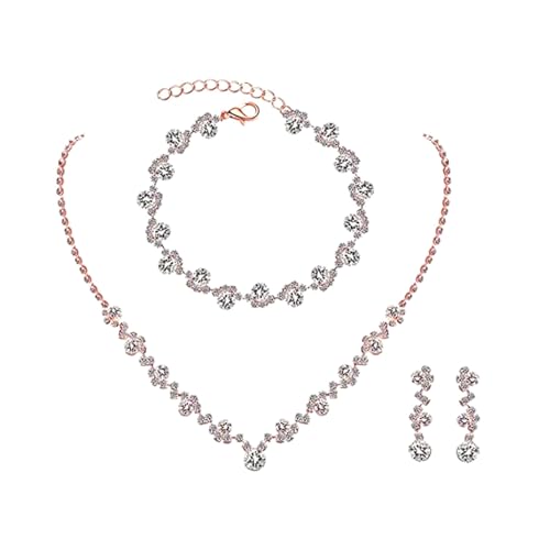 FDEETY Schmuckset für Damen Strass Brautschmuck Halskette Ohrrings Armband Set mit Kristallen Hochzeit Verlobung Brautjungfer Kleider Abschlussball Schmuck (Roségold) von FDEETY