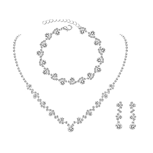 FDEETY Schmuckset für Damen Strass Brautschmuck Halskette Ohrrings Armband Set mit Kristallen Hochzeit Verlobung Brautjungfer Kleider Abschlussball Schmuck (Silber) von FDEETY