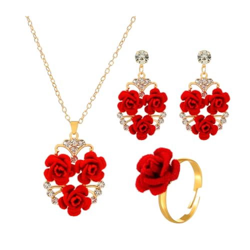 FDEETY Schmuckset für Frauen Damen Romantische Rote Rosen Halskette Ohrringe Ringe Set Brautschmuck Hochzeit Brautjungfer Schmuck von FDEETY