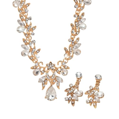 FDEETY 2 Stück Blatt Kristall Schmuckset Halskette Ohrringe Elegante Strass Brautschmuck Damen Accessoires Hochzeit Abendveranstaltung Glänzend Luxuriös von FDEETY