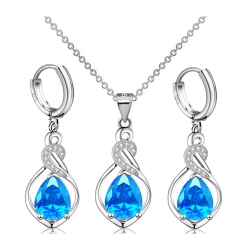 FDEETY Schmucksets Damen Strass Halskette Ohrringe Sets Zirkonia Schmuckset Prom Kostüm Schmuck Set Braut Hochzeit Party (Blau) von FDEETY