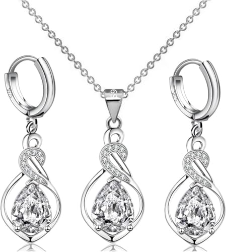 FDEETY Unendlichkeit Knoten Schmuckset Tropfen Kristall Anhänger Halskette Creolen Ohrringe Damen Silber Schmuck von FDEETY