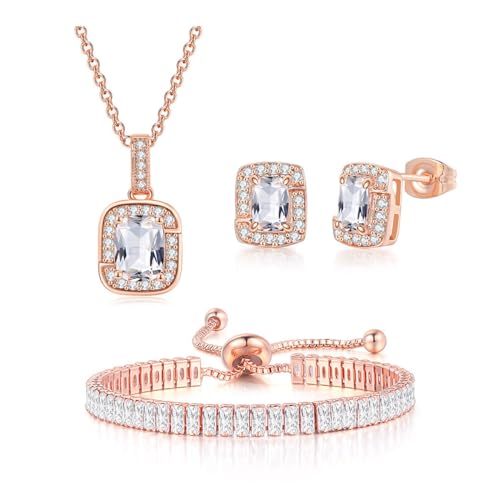 FDEETY Schmucksets Hochzeit Strass Halskette Ohrringe Armbänder Sets Zirkonia Schmuckset Abschlussball Brautparty Brautjungfer Für Damen (Roségold) von FDEETY