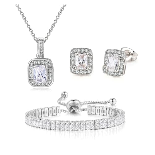 FDEETY Schmucksets Hochzeit Strass Halskette Ohrringe Armbänder Sets Zirkonia Schmuckset Abschlussball Brautparty Brautjungfer Für Damen (Silber) von FDEETY