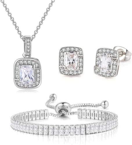 FDEETYQuadratisch Smaragd Schmuckset Halskette Ohrringe Armband Kristall Zirkonia Damen Schmuck Elegant Klassisch von FDEETY