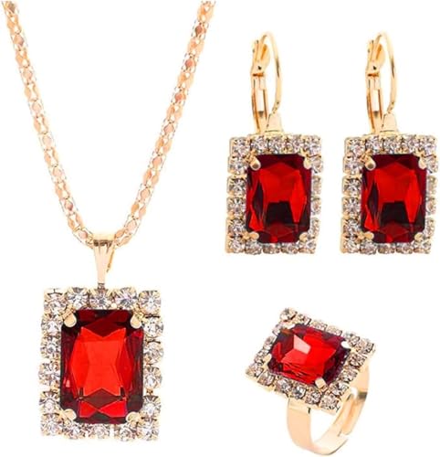 FDEETY Rechteckiger Kristall Schmuckset Halskette Ohrringe Ring Anhänger Juwelenkollektion Damenmode Accessoires Elegante Ausstattung von FDEETY