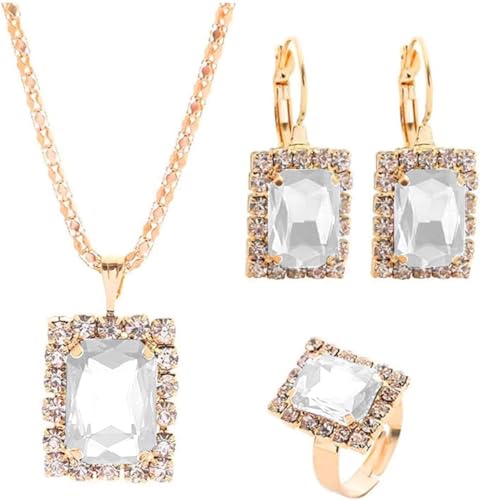 FDEETY Rechteckiger Kristall Schmuckset Halskette Ohrringe Ring Anhänger Juwelenkollektion Damenmode Accessoires Elegante Ausstattung von FDEETY
