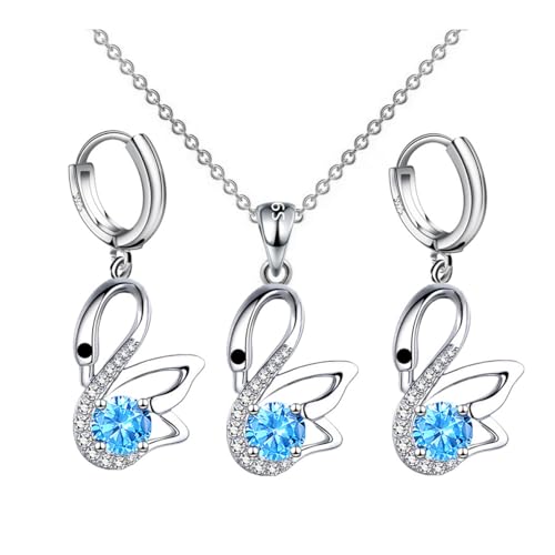 FDEETY Schmucksets für Damen Schwan Anhänger mit Strass Schmuck kettenanhänger Halskette Ohrringe Set Geschenk zum Weihnachten Geburtstatg (Blau) von FDEETY