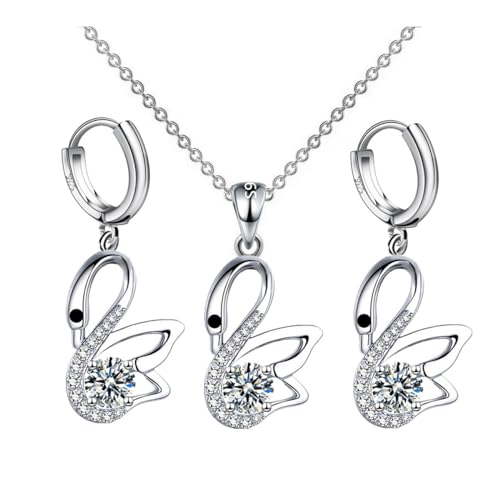 FDEETY Schmucksets für Damen Schwan Anhänger mit Strass Schmuck kettenanhänger Halskette Ohrringe Set Geschenk zum Weihnachten Geburtstatg (Weiß) von FDEETY