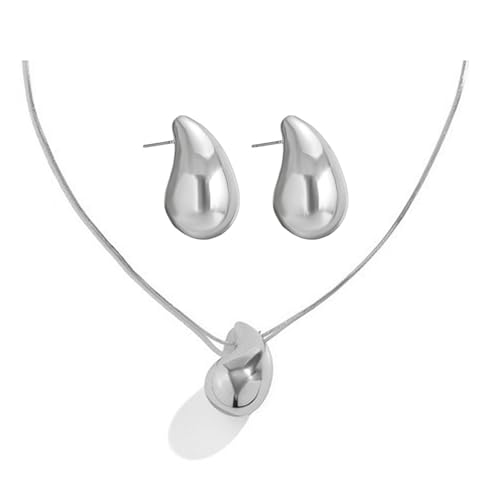 FDEETY Schmucksets für Damen Teardrop Schmuck Set Anhänger Halskette Ohrring Set Geschenk Hochzeit Verlobung Brautjungfer (Silber) von FDEETY