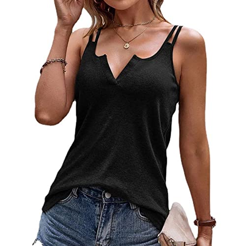 FDEETY Spaghetti Strap Top Damen Sommer V-Ausschnitt Casual Loose Tank Top Ärmellose Sommertop Oberteile Cami Unterhemden (Schwarz/L) von FDEETY