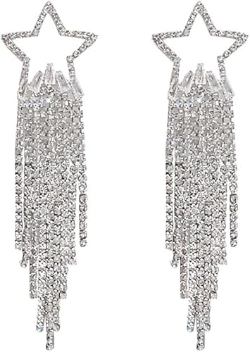 FDEETY Stern Quaste Ohrringe Lang Hängend Strass Schmuck Damen Elegant Luxuriös Statement Ohrhänger Glänzend Hochzeit Abendschmuck von FDEETY