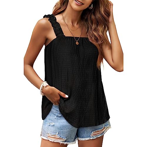 FDEETY Tank Top Damen Oberteile Sommer Ärmellos Blusentop Weste Shirt Vest Top Bluse Casual Lose Shirt (Schwarz/L) von FDEETY