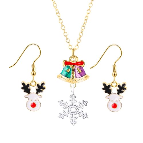 FDEETY Weihnachtsschmuck Schmuckset Rentier Ohrringe Schneeflocke Halskette Glänzender Anhänger Damenschmuck Goldkette von FDEETY