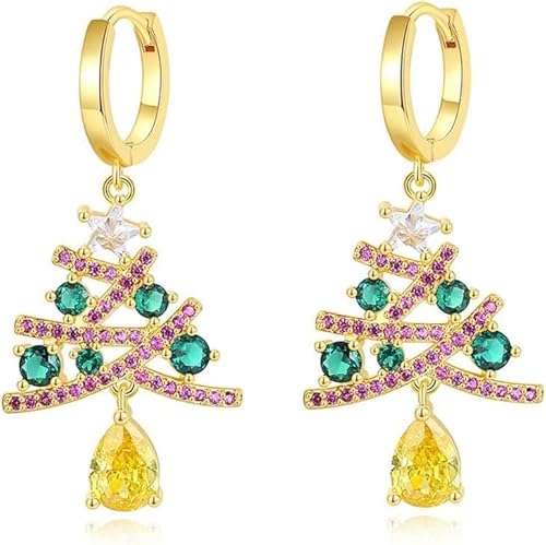 FDEETY Exquisite Weihnachtsbaum Ohrringe Gold mit bunten Kristallen Ohrringe für Damen Schmuck für Festivitäten und besondere Anlässe(A) von FDEETY