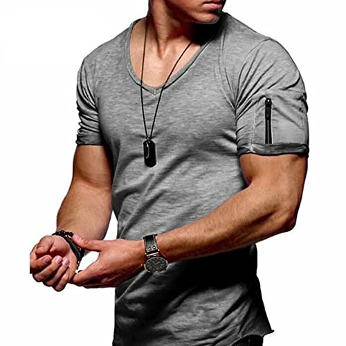 Hemd Herren Kurzarm Henley Shirt Männer Freizeithemd Vintage V-Ausschnitt Casual Slim Fit T-Shirt (Grau/M) von FDEETY