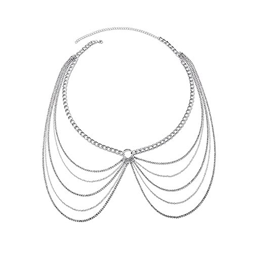 Punk Körperkette Metallisch Mehrschichtig Quaste Kristall Taillenkette Quaste Strass Ketten Bauch Kristall Kette Bikini Körperzubehör Schmuck für Frauen, Silber- von FDEETY