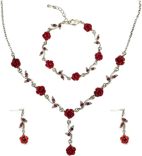 FDEETY Romantische Rote Rosen Blume Blatt Halskette Ohrstecker Armband Set Brautschmuck Hochzeit Brautjungfer Schmuck Set (Rot) von FDEETY