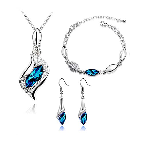 FDEETY Strass Brautschmuck Set Österreichischer Kristall Halskette Armband Ohrring Set für Damen Mädchen Engels Tränen Schmuck Set, Blau von FDEETY