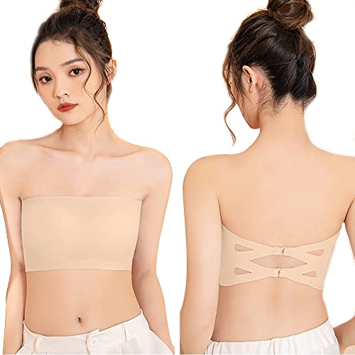 Trägerloser Bandeau BH Damen BH ohne Bügel Träger Gepolsterter Bralette BH Nahtlose Tube Top BH (Beige/L) von FDEETY