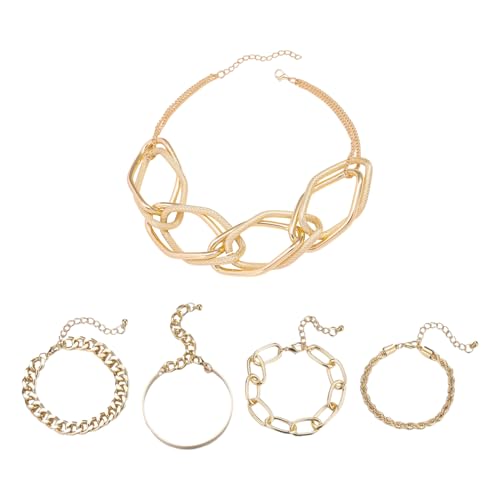 FDGGT Set Aus 1 Hip-Hop-Halskette Und 4-Teiligem Goldarmband, Geometrisch Übertriebener Schmuck, Modischer Statement-Schmuck, Bekleidungsaccessoires von FDGGT