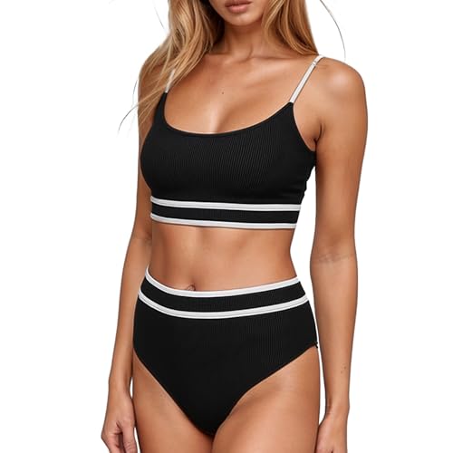 FDHBDF Damen Bikini Sets 2 teiler Bikini mit Hoher Taille Bademode Sandstrand Badeanzug in Color-Blocking Kommt mit einem Brustpolster von FDHBDF