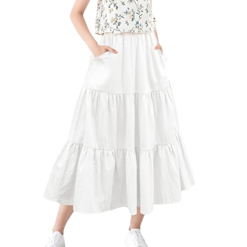 FDHBDF Weißer Elastischer Taille Plissierter Halber Rock, Damen Hohe Taille Plissierter A-Linie Gestufter Halber Rock, Boho, Elegant, mit Taschen, Fließender Schwung von FDHBDF