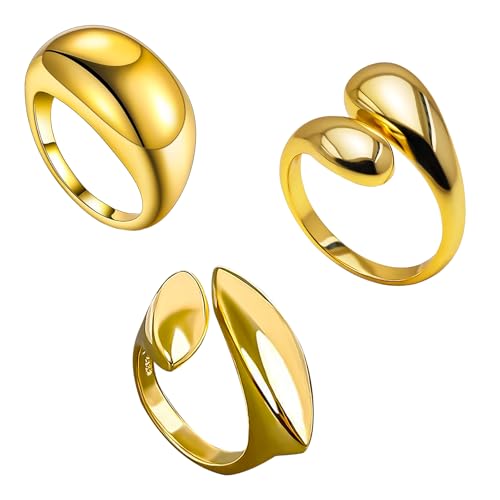 3 Stück Damen Ringe Gold, Ringe Gold Verstellbar, Ringe Gold Wasserfest, Chunky Rings, Fingerring Einfacher Bandring Stapelbare Offene Golden Ringe,Ring Set Gold,Glatter Träne Wassertropfen Ringe Gold von FDJZXW