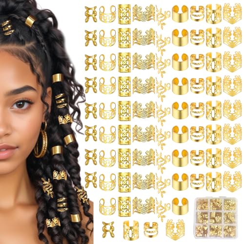 FDJZXW 90 Stück Goldener Haarschmuck, Dreadlocks Schmuck, Piraten Haarschmuck, Haarspiralen Clips, Gold Haarperlen Haarringe, Verstellbar für Herren Damen, mit Aufbewahrungsbox von FDJZXW