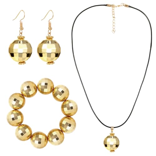 FDJZXW 3Er-Pack Retro Disco Motto Party Schmuckset: Discokugel Ohrringe, Halskette, Armband - Gold, Damen und Mädchen von FDJZXW