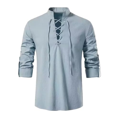 Leinenhemd Herren Langarm Freizeithemd Stehkragen Shirt Piratenkostüm Wikinger Kostüm Retro Frontschnürung Tops von FDKLOOK
